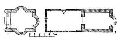 Планы церквей: 1 — в с. Студена; 2 — в Дмитриевском монастыре в с. Бобошево, XV в. Планы церквей: 1 — в с. Студена; 2 — в Дмитриевском монастыре в с. Бобошево, XV в.